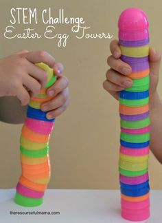 This Easter egg towers STEM challenge is a fun activity that uses plastic Easter eggs. It will get kids talking about what makes a strong and stable building. Stem Bins, Kindergarten Stem, Easter School, Preschool Stem, Easter Preschool, Stem Challenge, Easter Games, Plastic Easter Eggs, Spring Preschool