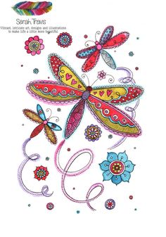 a drawing of dragonflies with flowers and swirls on the bottom, in bright colors