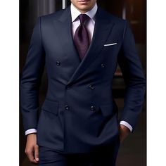 Category:Suits; Embellishment:Pocket; Season:Spring, Fall, Winter, Summer; Fabric:Cotton Blend; Front Closure:Double-Breasted Buttons; Style:Formal,Business,WorkWear,Dress; Includes:Pants,Jacket; Occasion:Wedding; Fit Type:Tailored Fit; Jacket Buttons:Double Breasted Six-buttons; Jacket Vents:Single (Center); Jacket Pockets:Straight Flapped; Pattern:Solid Colored; Neckline:Peak; Listing Date:10/25/2023; Production mode:External procurement; Pant Length:; Pants Waist:; Shoulder Width:; Sleeve Len Men Attire, Cheap Suits, Church Suits, Style Formal, Tuxedo Suit, Purple Guy, Wedding Suits Men, Formal Business, Pant Length