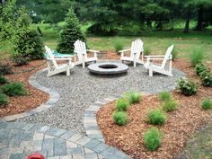 a fire pit surrounded by lawn chairs and trees