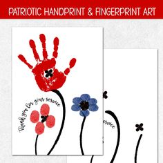 two handprints with red, white and blue flowers