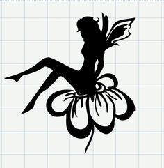 a black and white silhouette of a fairy sitting on top of a flower