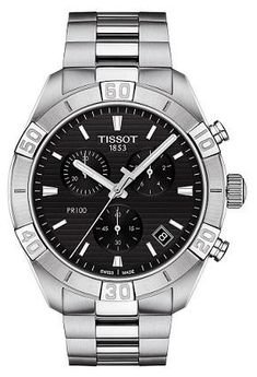 TISSOT PR 100 SPORT GENT CHRONOGRAPH WATER RESISTANCE Water-resistant up to a pressure of 10 bar (100 m / 330 ft) WEIGHT 169 COLLECTION T-Classic SKU T1016171105100 GENDER GENT WARRANTY 2 Years of Warranty CRYSTAL Scratch-resistant sapphire crystal LUGS 22.00 WIDTH 44.00 LENGTH 44.00 CASE MATERIAL 316L stainless steel case CASE SHAPE ROUND THICKNESS 11.1 BATTERY battery type Renata 394 FUNCTIONS 30-minutes and 1/10 of a second counters, ADD and SPLIT functions, central 60-seconds chronograph han Elegant Face, Swiss Watch Brands, Timeless Watches, Tissot Watches, Evolution Of Fashion, Watch For Men, Classic Watches, Luxury Watches For Men, Swiss Watches