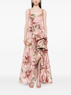 Marchesa Notte square-neck Draped Gown - Farfetch Pink Square Neck Maxi Dress For Evening, Silk Maxi Dress With Square Neck For Formal Occasions, Formal Silk Maxi Dress With Square Neck, Pink Evening Dress With Straight Neckline, Evening Floral Print Maxi Dress With Square Neck, Floral Print Maxi Dress With Square Neck For Evening, Square Neck Floral Print Maxi Dress For Evening, Elegant Pink Maxi Dress With Straight Neckline, Pink Maxi Dress With Straight Neckline For Evening