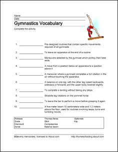 the gymnastics vocaculaary worksheet is shown in this image, and it shows