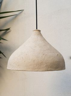 a white hanging light next to a plant