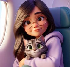 a girl with glasses holding a cat in front of an airplane window and looking at the camera