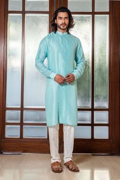 Shop for Darshika Menswear Blue Silk Blend Hand Embroidered Bundi And Kurta Set for Men Online at Aza Fashions Off White Pants, White Pant, Blue Kurta, Nehru Jackets, Kurta With Pants, Fabric Silk, Kurta Set, Blue Silk, Full Sleeves