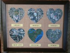 a group of heart shaped pictures hanging on a wall next to a wooden framed frame