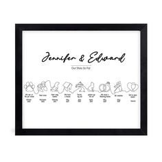 a black and white framed print with the names of different people in each family member