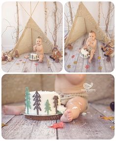 a baby is sitting in front of a cake with pine trees on it and other photos