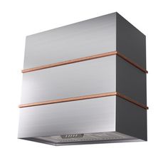 a stainless steel and wood wall mounted range hood with two copper strips on each side