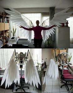 three pictures of an office with wings on the desks and in front of them