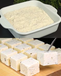 several pieces of cheese sitting on top of a cutting board next to a bowl of dip