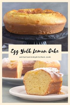 an egg yolk lemon cake on a plate with the rest of the cake in the background