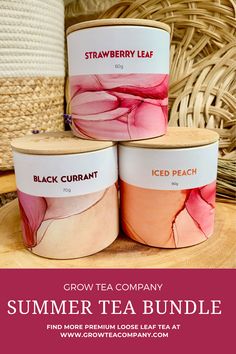 Grow Tea Company's Strawberry Leaf tea, iced peach tea and black currant tea are all stacked on top of each other with the words Grow Tea Company Summer Tea Bundle underneath them Summer Tea, Peach Tea, Black Currant