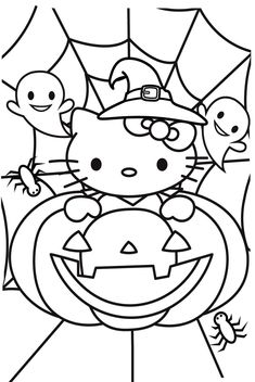 hello kitty halloween coloring pages with pumpkins and cats in the background for kids to color