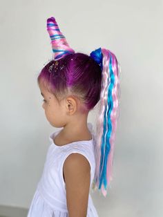 Crazy Hair Unicorn, Festival Hair Braids, Crazy Hair For Kids, Crazy Hair Day Ideas, Easy Toddler Hairstyles, Unicorn Halloween Costume, Girl Hair Dos, 2023 Hair, Toddler Hairstyles Girl