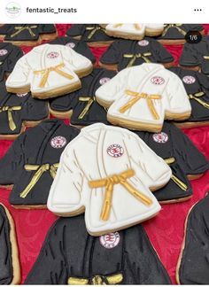 cookies decorated like karate kimonos are on display