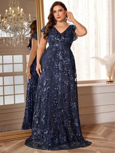 Plus Size Solid Color Ruffle V-Neck Formal Evening Dress With Heavy Embroidery And Patchwork For Elegant Women Navy Blue Party  Sleeveless Sequins Floral,Geometric,Tribal,All Over Print A Line Slight Stretch  Weddings & Events, size features are:Bust: ,Length: ,Sleeve Length: Plus Size Gala Dress, Plus Size Gowns Formal, Navy Blue Party, Plus Size Evening Gown, Plus Size Gowns, Mother Of Groom Dresses, Blue Dress Formal, Plus Size Formal Dresses, Prom Ideas