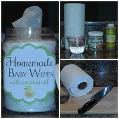 the collage shows various items used to make homemade baby wipes