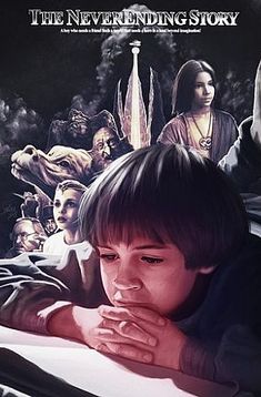 the never - ending story poster shows a young boy looking at an open book while surrounded by other people