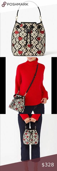 Kate Spade  flower jacquard hearts medium bucket bag Coach Bag Outfit, Kate Spade Heart, Bag Outfit, Heart Chain, Coach Bag, Jacquard Fabric, 6 D, Cloth Bags, Smooth Leather