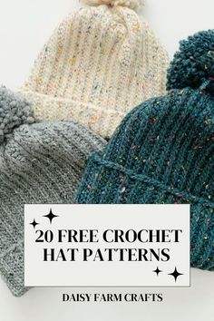 three knitted hats with text overlay reading 20 free crochet hat patterns