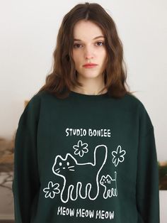 BONIEE is a clothing brand that seeks to capture daily life in goods with the slogan ‘stories are melted in our goods’.- Cute meow printing on the front- Soft touch cotton used sweatshirts- Great to match with any types of bottom- Comfortable to wear Everyday Green Sweatshirt With Graphic Print, Relaxed Fit Green Sweatshirt With Logo Print, Trendy Cotton Sweatshirt With Cat Print, Green Relaxed Fit Sweatshirt With Logo Print, Playful Green Cotton Sweatshirt, Cute Meow, Relaxed Fit Crew Neck T-shirt With Cat Print, Daily Life, Clothing Brand