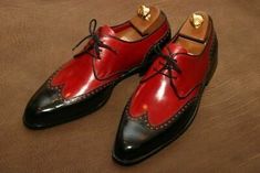 Elegant+Handmade+Two+Tone+Leather+Dress+Wing+Tip+Formal+Black+&+Red+Shoes+For+Men's    Upper+Material+Genuine+Leather  Inner+Soft+Leather+  Style+Oxford+Leather+Lace+Up+Trendy+Fashion  Color+Red+&+Black  Sole+Leather  Gender+Male+  Heel+Leather+  Manufacturing+Time+7+to+10+Business+Days+    +++++... Mens Red Shoes, Slick Rick, Shoe Stand, Menswear Inspiration, Expensive Shoes, Wingtip Shoes, Custom Design Shoes, Man Shoes, Bespoke Shoes