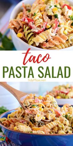 this taco pasta salad is loaded with chicken and vegetables