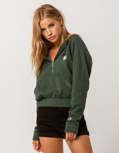 CHAMPION Vintage Half Zip Womens Hoodie Half Zip Pullover Outfit Leggings, Green Hoodie Women, Zip Hoodie Outfit, Sporty Hoodie, Nyc Outfits, Pullovers Outfit, Womens Hoodie