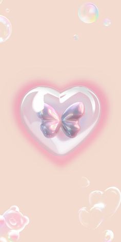 two butterflies in the shape of a heart on a pink background with bubbles and hearts