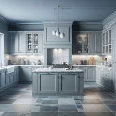 an image of a kitchen setting with grey cabinets and marble counter tops on the floor