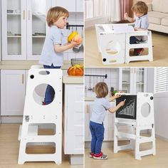 Every toddler needs one Montessori Style 4-in-1 Study Tower, SHWWQUE Multifunctional Kitchen Stool Helper? The 4-in-1 Standing Tower for Learning is a sturdy and safe stool designed to help young children reach kitchen counters and other high surfaces, Safer Than a simple Step Stool. It is made from high-quality Birch wood and the base below is wider that ensure it won't tip over. It has latching clips on both sides, also allowing the step stool to be turned into a little table. One of the uniqu Ikea Learning Tower, Ikea Hack Learning Tower, Learning Tower Ikea, Toddler Kitchen Stool, Folding Table Desk, Standing Chair, Tower Painting, Toddler Kitchen, Kitchen Step Stool