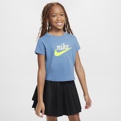 Your little one can make an impression at the playground, on the field or with classmates in this tee, which easily complements their Nikes. It's made of soft cotton/poly jersey knit fabric in a boxy cut that creates a modern, cropped look with a tagless crewneck for a comfy feel. Casual Letter Print T-shirt For Play, Casual T-shirt With Letter Print For Play, Basic Short Sleeve T-shirt For Play, Cute Cotton Sports Top, Blue Cotton T-shirt For School Spirit, Blue Cotton T-shirt With School Spirit, Playful Crew Neck T-shirt With Logo Print, Playful Blue Top With Letter Print, Blue Spring Tops With School Spirit Style