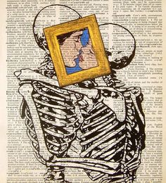 a drawing of a skeleton wearing a hat and holding a framed photo on top of an old book page