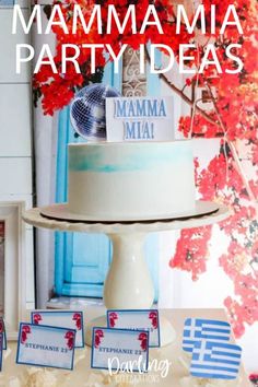 there is a cake on the table with place cards in front of it that says mammama party ideas