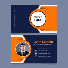 an orange and blue business card with a photo on the front, side and back