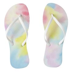 Girly Pink Yellow Blue Tie Dye Flip Flops, Men's, Size: Womens 8/9 - Mens 7/8, Black Footbed Gender: male. Age Group: adult. Bridesmaid Flip Flops, Personalized Flip Flops, Wedding Flip Flops, Girls Flip Flops, Rubber Flip Flops, Rainbow Sandals, Blue Pastel, Blue Gifts, Sandals Flip Flops