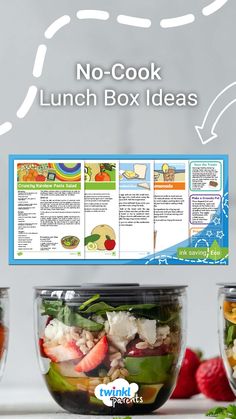 the lunch box is full of salads and fruit, with instructions to make it