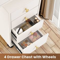 four drawer chest with wheels open on the floor