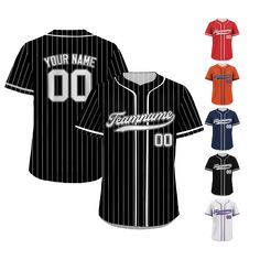 Pinstripe Custom Baseball Jersey is a stylish and functional piece that ensuring a comfortable fit for groups, individuals, couples, teams, or anyone who loves Baseball fashionable and sporty vibe. From casual outings to intense gameplay, this baseball jersey always guarantees both style and performance. If you have any other design ideas, or any changes to the jersey details, simply share an image and we will create a visual representation for you to confirm. ⚾FEATURES - Personalized with your Black Varsity Jersey With Moisture-wicking, Black Moisture-wicking Varsity Jersey, Sporty Black Jersey With Three Stripes, Black Contrast Stripes Top For College, Black Tops With Contrast Stripes For College, Striped Sport Jersey With Letter Print For Sports Events, Striped Sports Jersey With Letter Print, Striped Sporty Jersey With Letter Print For Sports Events, Striped Jersey With Letter Print For Sports Events