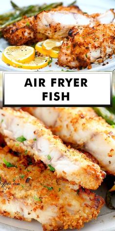 air fryer fish on a plate with lemons and asparagus