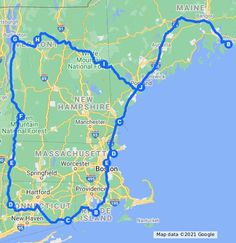 a map showing the route to new hampshire, massachusetts and boston with blue lines on it