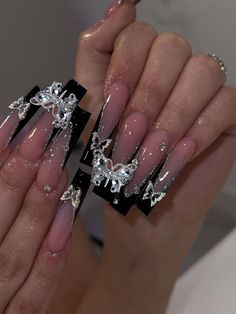 Multicolor  Collar    Color Nails Embellished   Nail,Hand & Foot Care Black Nail Tips, Long Press On Nails, French Manicure Nails, Nagel Tips, Fake Nails With Glue, Prom Nails, Nail Art Hacks, Artificial Nails