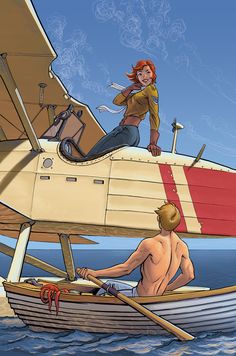 a man and woman in a boat on the water next to an airplane with two wings