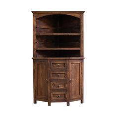 a wooden hutch with drawers and cupboards on the bottom shelf is shown against a white background