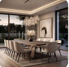 a dining room table with white chairs and chandelier hanging from it's ceiling