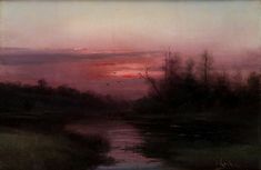 an oil painting of a sunset over a river